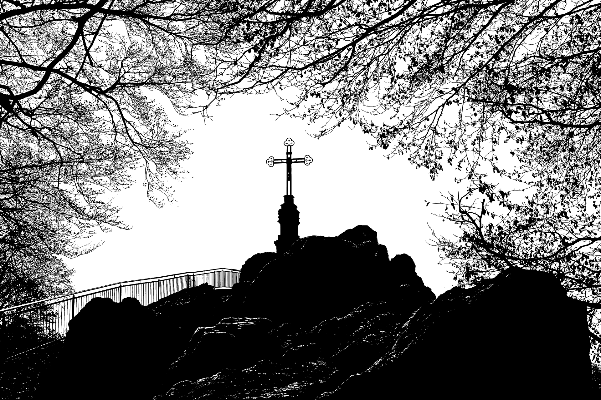 A cross standing in contrast against dark and glowing light, representing Christ over spiritual alternatives